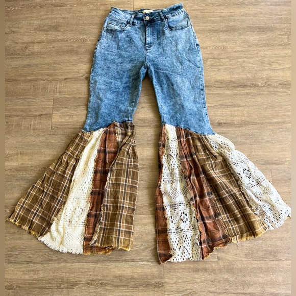 Brown and Blue Flare Wide Leg Jeans with Patchwork Design - Picture 1 of 2